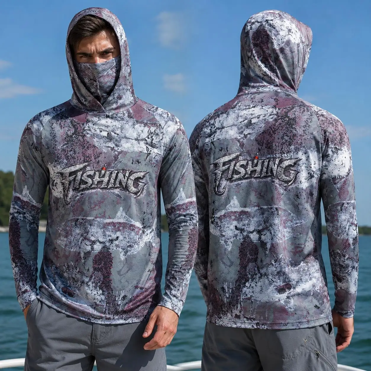 Fishing Mask Sun Protection - قميص صيد بغطاء رأس للرجال، ملابس